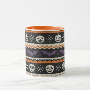Cute, fair isle/colorwork Halloween skull & bats Mug