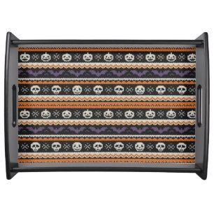Cute, fair isle/colorwork Halloween skull & bats Serving Tray