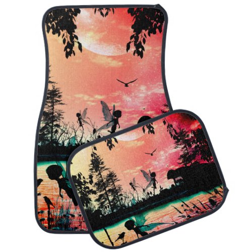 Cute fairies and birds flying in the sunset car mat