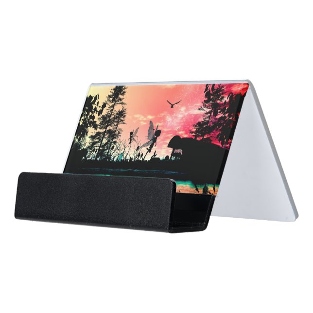 Cute fairies and birds flying in the sunset desk business card holder (Angled Front)
