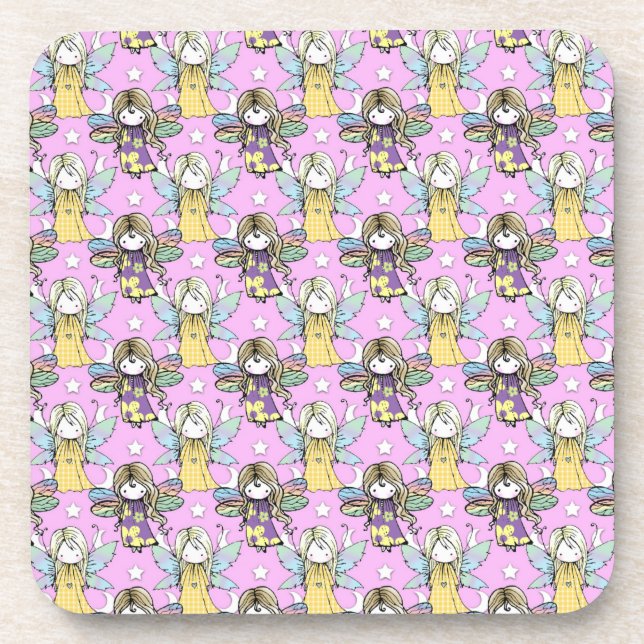 Cute Fairies and Stars and Moons Pattern Beverage Coaster (Front)