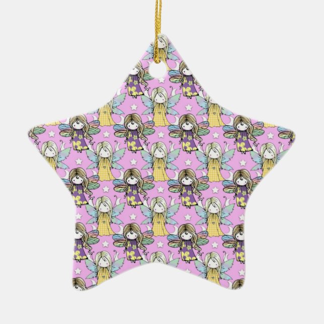 Cute Fairies and Stars and Moons Pattern Ceramic Ornament (Front)