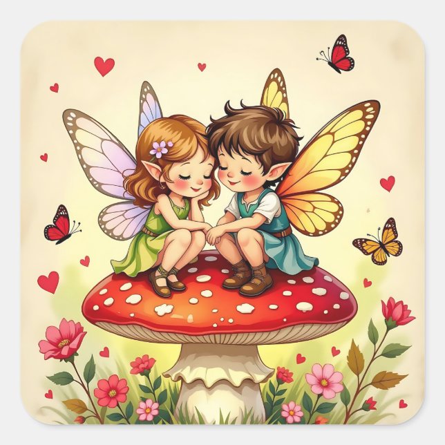 Cute Fairies on Retro Mushrooms Vintage Square Sticker (Front)