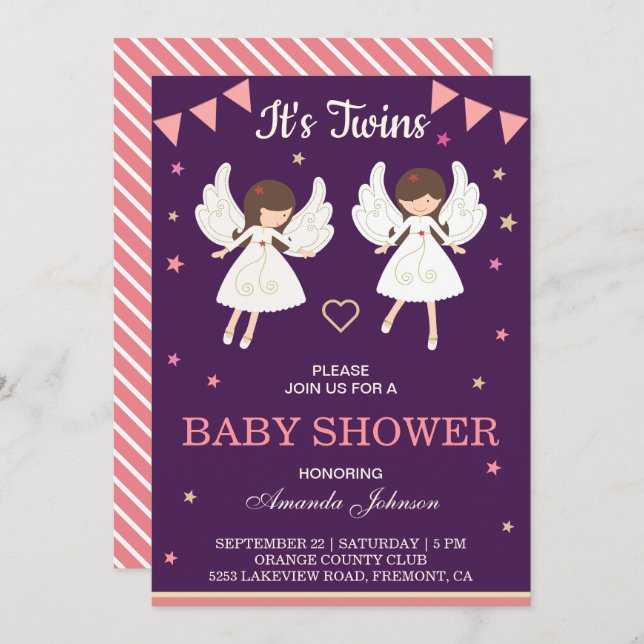 Cute Fairies Twin Girls Baby Shower Invitation (Front/Back)