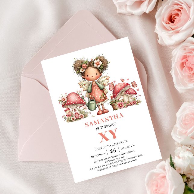 Cute Fairy 5th Birthday Pink Mushroom Invitation (Cute Fairy 5th Birthday Pink Mushroom Invitation)