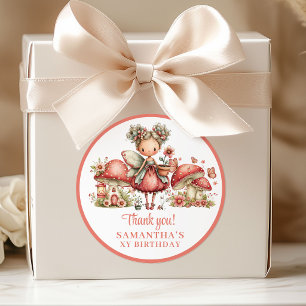 Cute Fairy 5th Birthday Pink Mushroom Thank You Classic Round Sticker