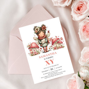 Cute Fairy 7th Birthday Pink Mushroom Invitation