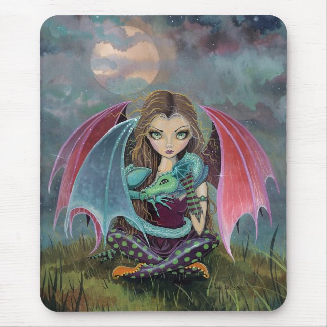 Cute Fairy and Dragon Fantasy Art Mousepad (Front)