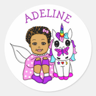 Cute Fairy and her Unicorn Personalized Name Classic Round Sticker