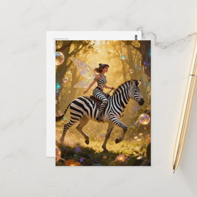 Cute Fairy and her Zebra Postcard (Front/Back In Situ)