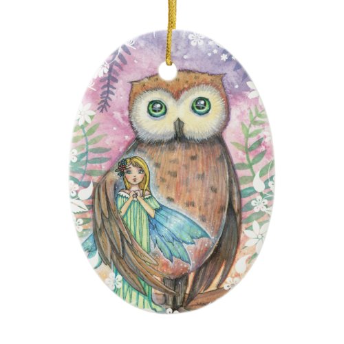 Cute Fairy and Owl Fantasy Art by Molly Harrison Ceramic Ornament