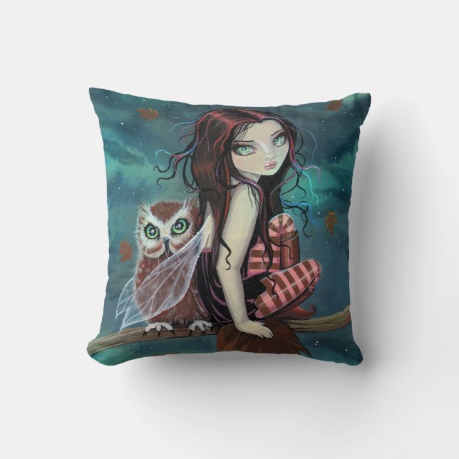 Cute Fairy and Owl Fantasy Art Pillow (Front)