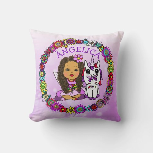 Cute Fairy and Unicorn Throw Pillow