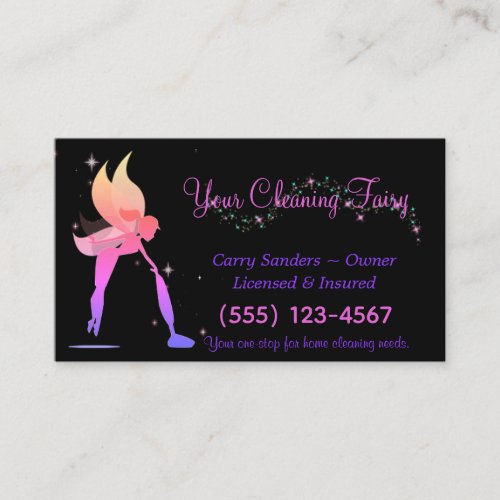 Cute Fairy Black House Cleaning Service Business Card