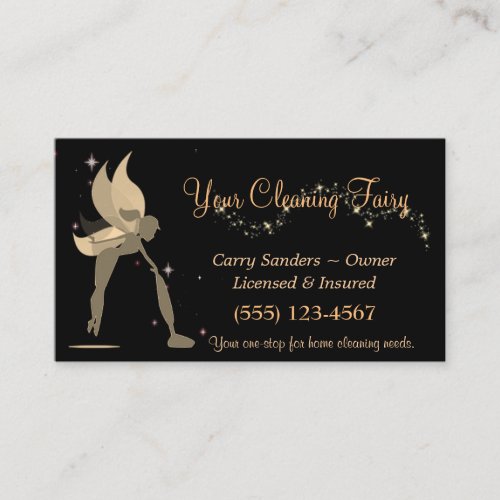 Cute Fairy Black Sparkle House Cleaning Service Business Card