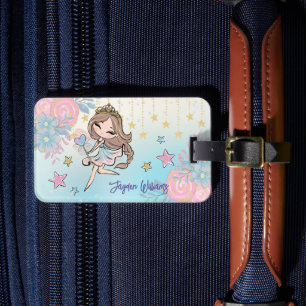 Cute Fairy Brown Hair Girl Custom Name Kids Luggage Tag
