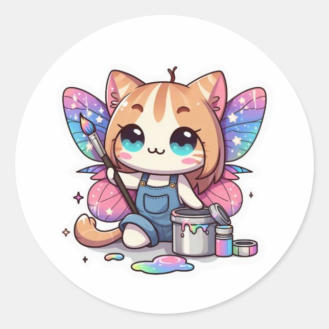 Cute fairy cat artist classic round sticker (Front)