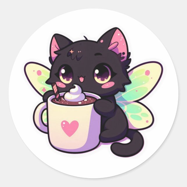 Cute fairy cat drinking hot chocolate classic round sticker (Front)