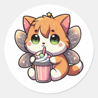 Cute fairy cat drinking milkshake classic round sticker