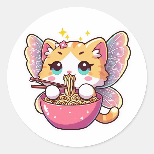Cute fairy cat eating ramen noodles classic round sticker (Front)