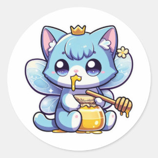 Cute fairy cat eating raw honey classic round sticker