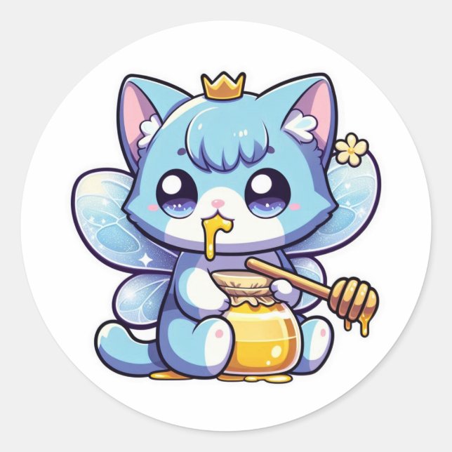 Cute fairy cat eating raw honey  classic round sticker (Front)