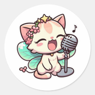 Cute fairy cat singing classic round sticker