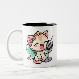 Cute fairy cat singing Two-Tone coffee mug