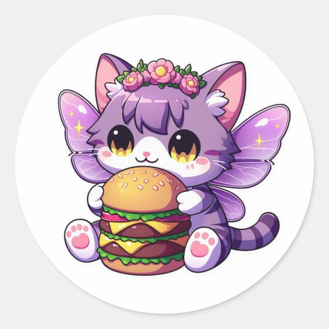 Cute fairy cat with burger  classic round sticker (Front)