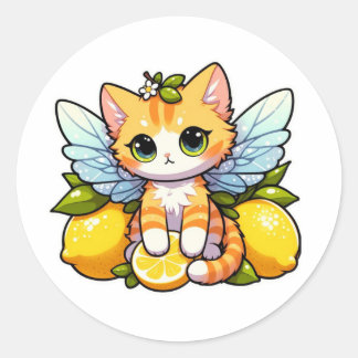 Cute fairy cat with lemons classic round sticker