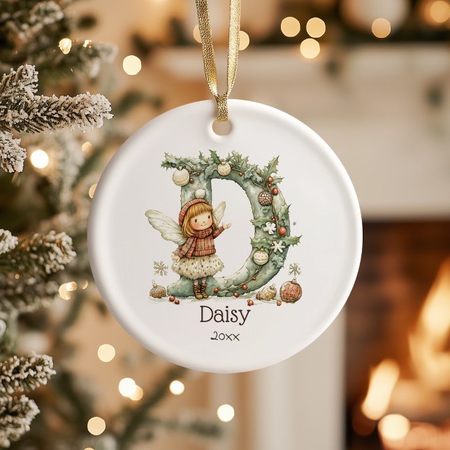 Cute Fairy Christmas Initial Personalized Holiday  Ceramic Ornament (Creator Uploaded)