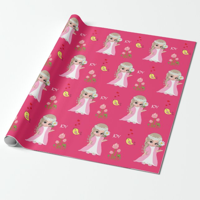 Cute Fairy Elf and Flowers on Pink Wrapping Paper (Unrolled)
