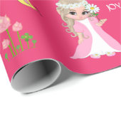Cute Fairy Elf and Flowers on Pink Wrapping Paper (Roll Corner)