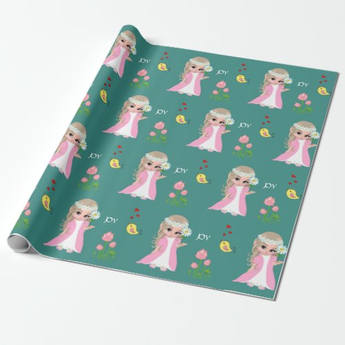 Cute Fairy Elf and Flowers on Teal Wrapping Paper