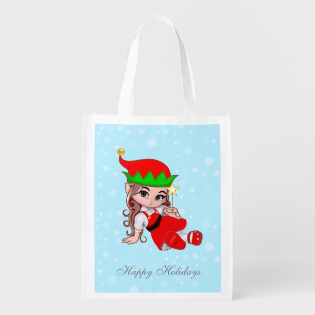 Cute fairy elf on light blue grocery bag (Front)