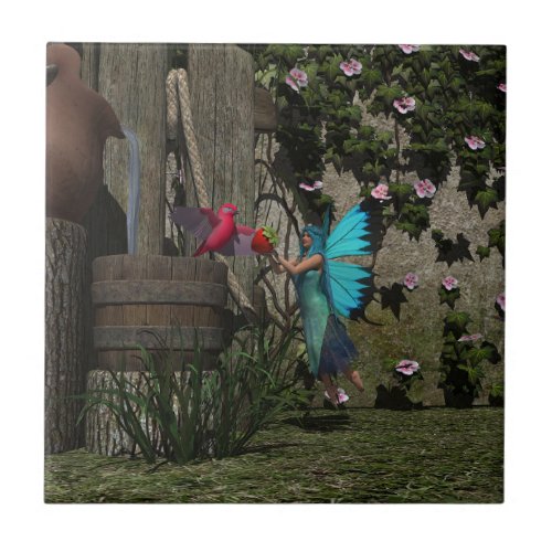 Cute Fairy Feeding a Bird Ceramic Tile