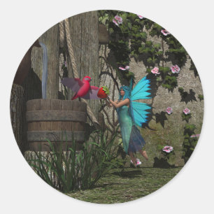 Cute Fairy Feeding a Bird Classic Round Sticker