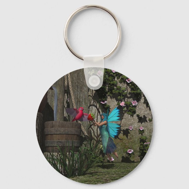 Cute Fairy Feeding a Bird Keychain (Front)