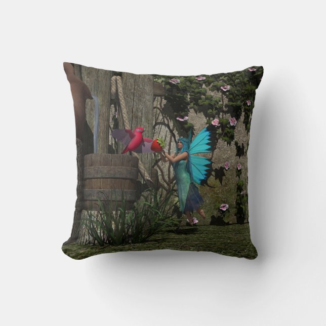 Cute Fairy Feeding a Bird Throw Pillow (Front)