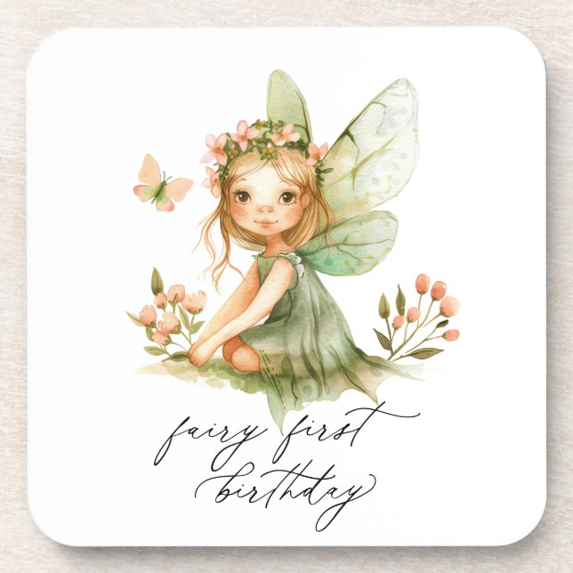 Cute Fairy First Birthday Beverage Coaster (Front)