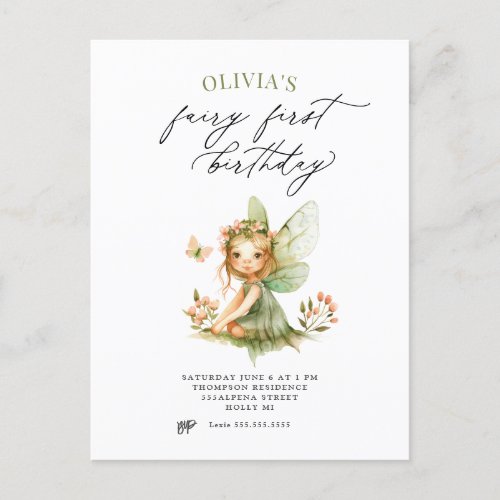 Cute Fairy First Birthday Invitation Postcard