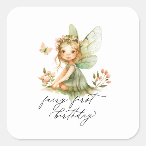 Cute Fairy First Birthday Square Sticker