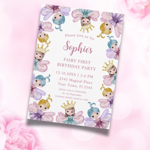 Cute Fairy First Pink Watercolor Birthday  Invitation