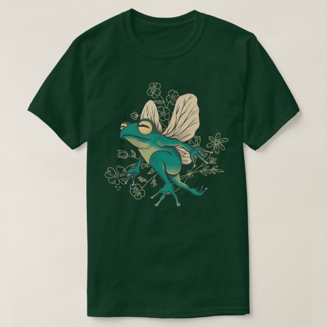 Cute Fairy Frog with Wings and Floral Elements  T-Shirt (Design Front)