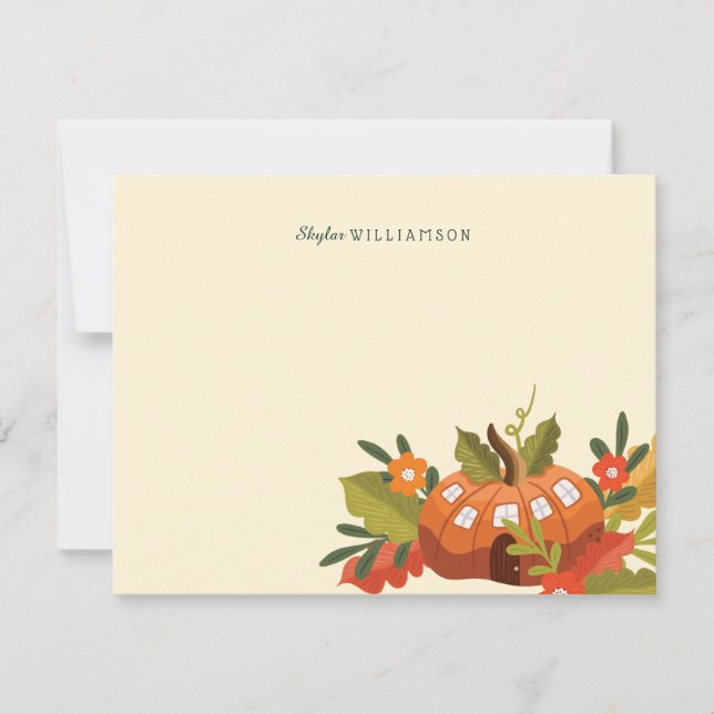 Cute Fairy Garden Autumn Leafs Mushroom & Pumpkin Note Card (Front)