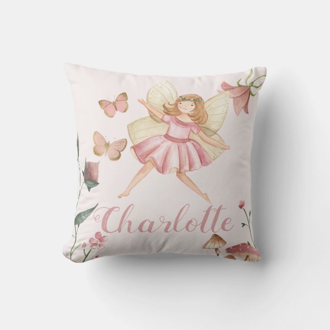Cute Fairy Garden Theme with Custom Name Throw Pillow (Front)
