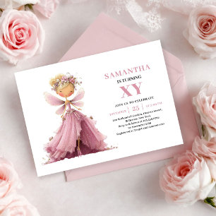Cute Fairy Girl 5th Birthday Dusty Pink Floral Invitation
