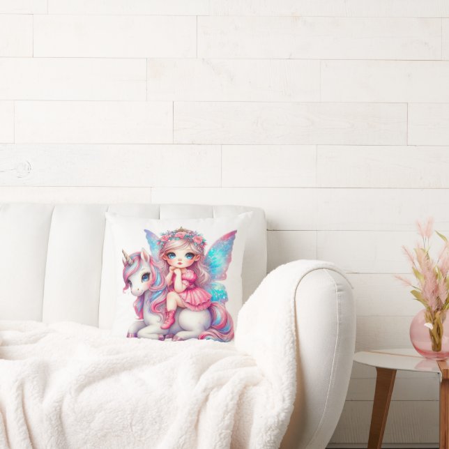 Cute Fairy Girl and Unicorn Throw Pillow (Couch)