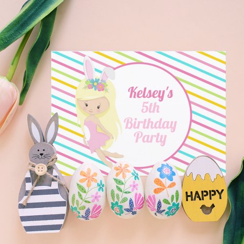 Cute Fairy Girl Easter Pink Striped Birthday Party Invitation