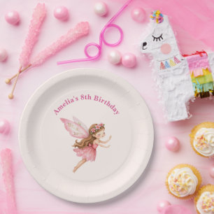 Cute Fairy Girl in a Pink Dress Whimsical Birthday Paper Plates